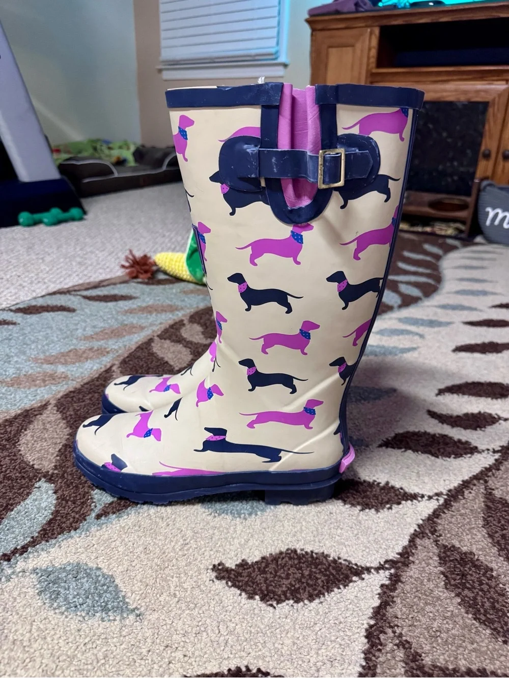 Dachshund Dog Print Rain Boots Womens 10 Cream Pink Rubber Wellington